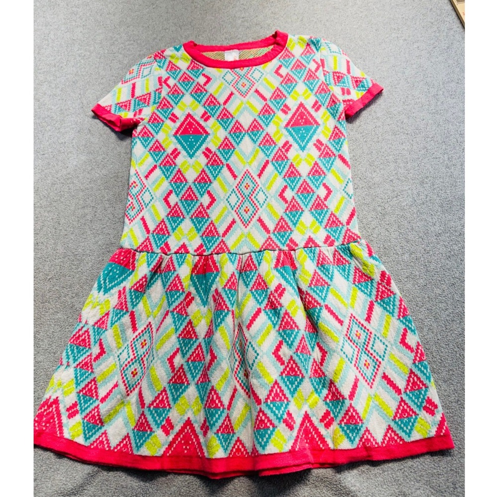 Cat & Jack Girls 7/8 Knit Sweater Dress Pink Aqua Geometric Fit Flare